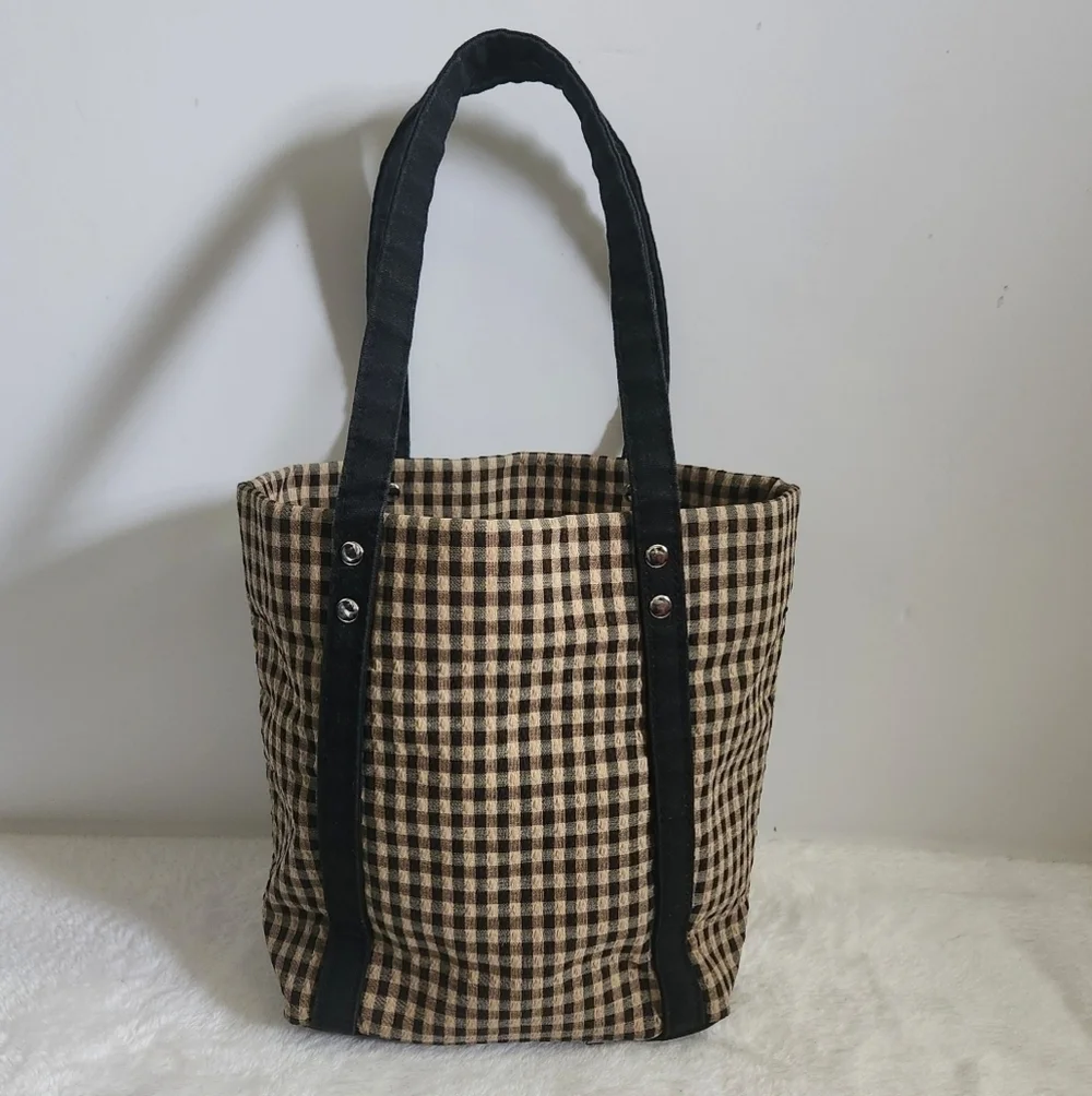 Longaberger Homestead Black Tan Checkered Plaid Tote Bag